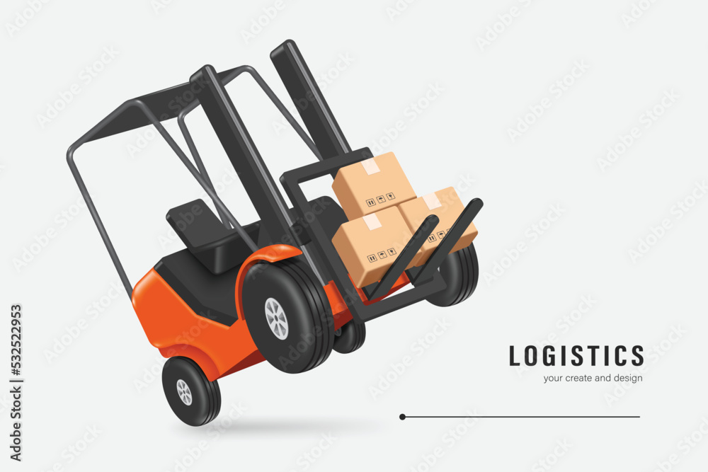 Orange-black forklift is lifting brown parcels boxes stacked on top of each other and it's all about to go up in air,vector 3d isolated on white background for logistic, transport and delivery concept