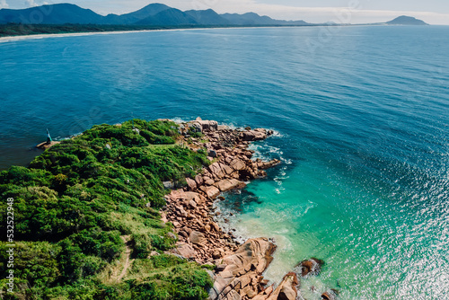 Landscape with rocks and blue ocean in Brazil. Aerial view
