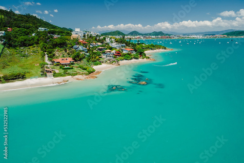 Tropical holiday beach with ocean in Brazil. Aerial view