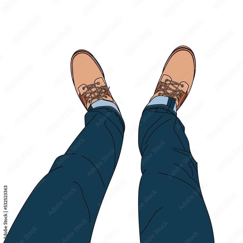 Vecteur Stock Sketch of selfie of feet in classic boots shoes and tight  jeans, Top view, Line art style hand drawn doodle vector illustration. |  Adobe Stock