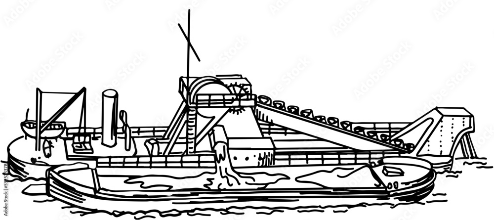 Auxilary Harbor vessels and sailing ship bucket dredger in vector