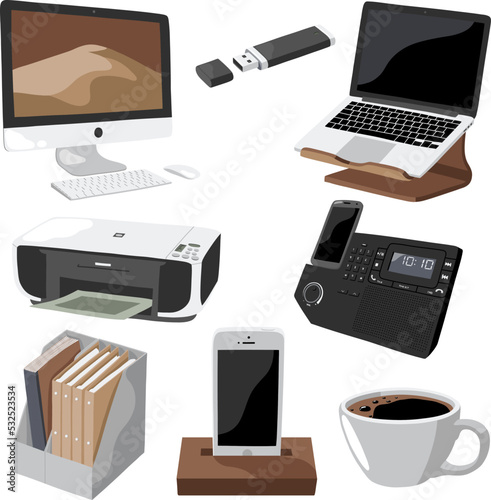 Office vector gadgets. Laptop, computer with keyboard, printer, smartphone on stand, usb flash drive, cup of coffee and folders with documents
