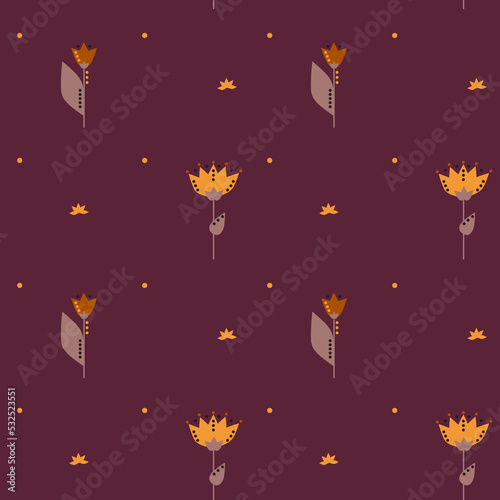 Autumn floral seamless pattern. Simple shapes. Sketch drawing. Nature motif.