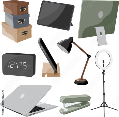 Vector office elements. Computer, laptop, tablet, mobile phone stand, table lamp, clock, filing boxes, stapler and ring lamp