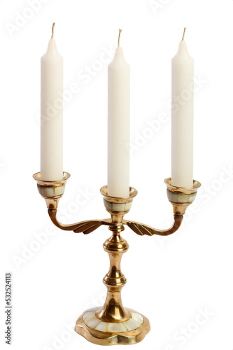 Vintage mother of pearl brass candelabra for three candles isolated on a white background 