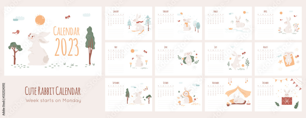 Calendar 2023 horizontal template with cute rabbit. Gray bunny monthly season prints. Spring, autumn, winter, summer illustration set. Vector planner concept, desk poster, Scandinavian art with animal