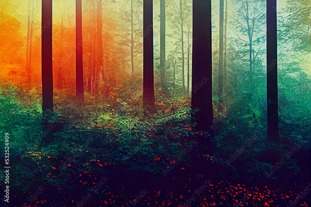 Naklejka premium Forest, trees mushrooms, smooth color gradients, background