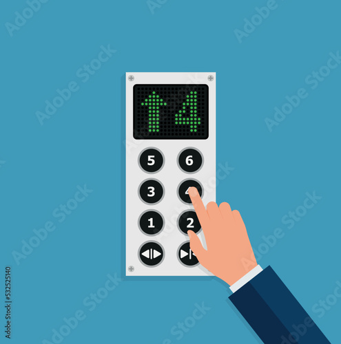 Businessman or manager hand pressing elevator button. Lift call buttons panel. Flat vector illustration.