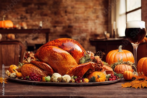 Thanksgiving food feast with turkey 3d illustration