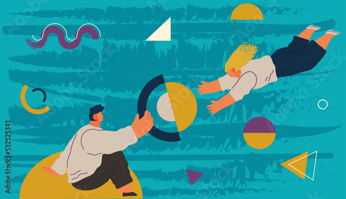 People flying in space vector flat illustration. Man and woman holding planet with dream universe. Concept of facing with new and unknown. Flying person exploring space and discovering mysteries