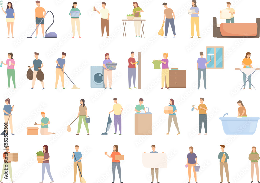 Tidy up icons set cartoon vector. Furniture room. Clean apartment Tidy up icons set cartoon vector. Furniture room. Clean apartment