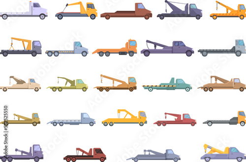 Rescue tow truck icons set cartoon vector. Accident car. Road crane