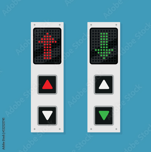 Lift call buttons with arrows to choose upwards or downwards. Isolated vector illustration on white background.