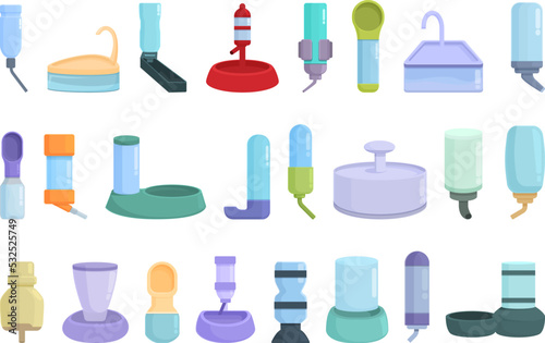 Drinker for dogs icons set cartoon vector. Dog food. Nature water