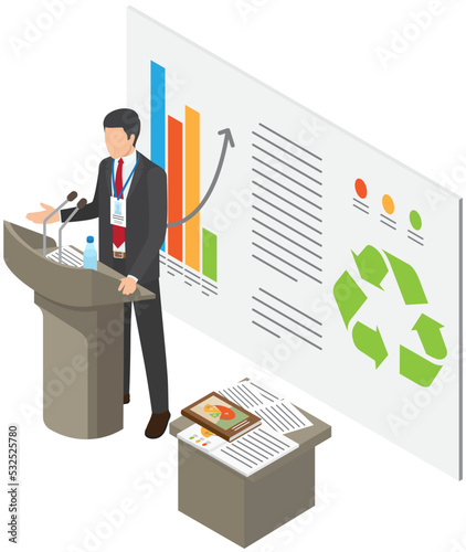 Ecologist giving presentation at conference. Man on stage behind tribune talking to audience, press asking questions. Ecology, recycling talk show. International ecological scientific meeting