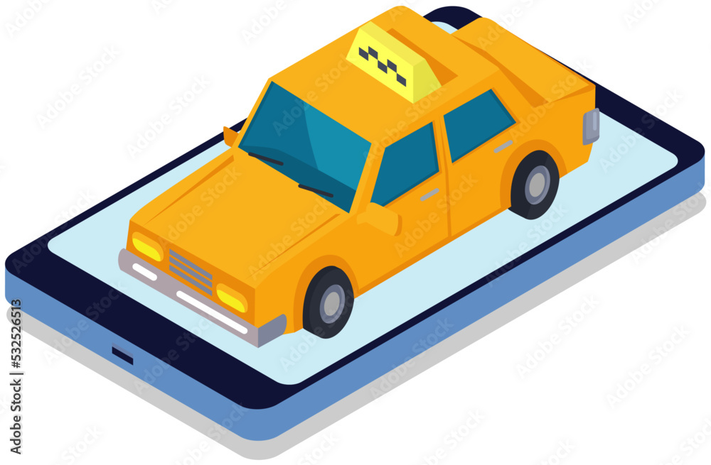 Online mobile taxi service order app template. Yellow car on touchscreen of smartphone. Design element of application for ordering passenger transport. Taxi service automobile on phone screen Online mobile taxi service order app template. Yellow car on touchscreen of smartphone. Design element of application for ordering passenger transport. Taxi service automobile on phone screen