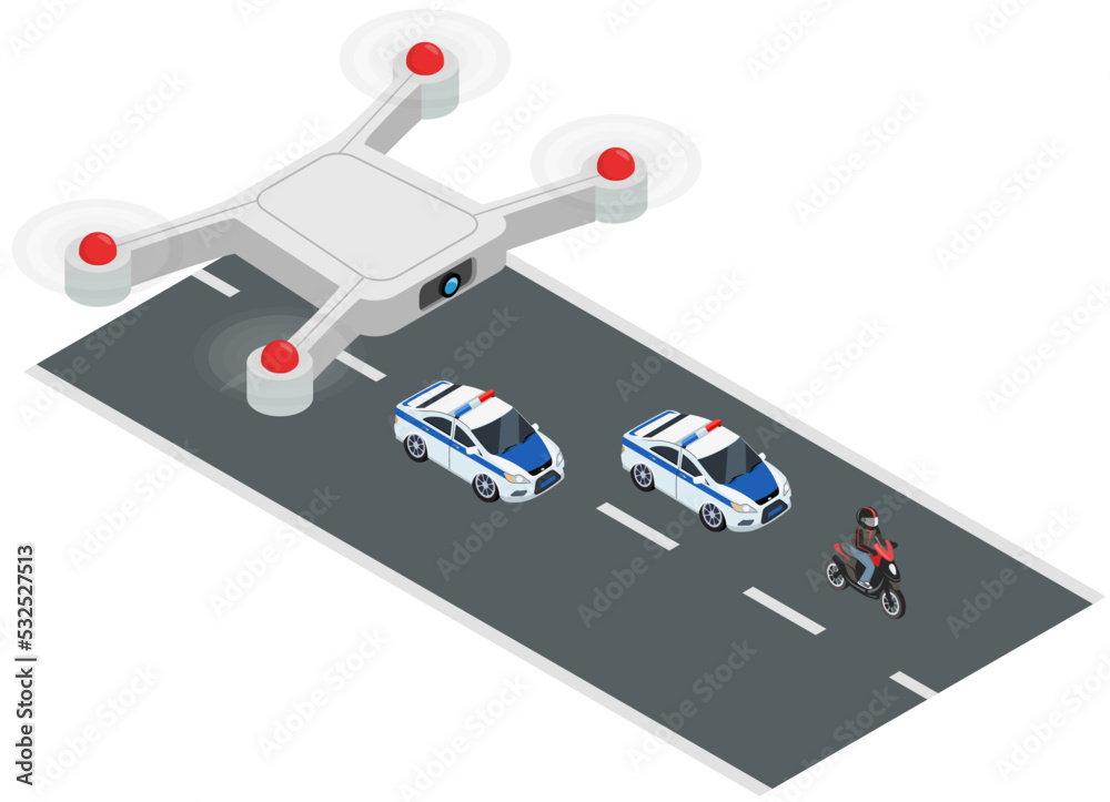 Drone flying over police transport moves along roads of city. Emergency car patrols area from air. Vehicle for transporting detainees and policemen. Police automobile driving on highway of town