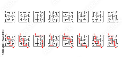 Education logic, labyrinth line. Black square maze. Vector. Find the way, labyrinth riddle. Black, white geometric pattern. labyrinth design icon. Maze tangled lines. Thinking game. 8 by 8 cells