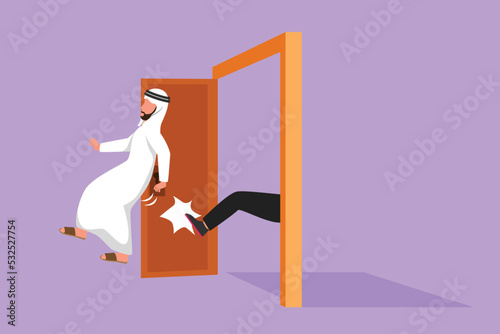 Character flat drawing of young Arabian businessman get kicked out of door. Dismissed from job. Unemployment business concept. Boss kicks unnecessary employee. Cartoon style design vector illustration