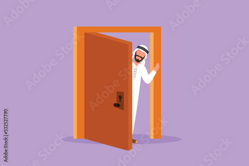 Graphic flat design drawing Arab businessman looking from behind open door. Happy man peeking of door and wave hands. Male standing in doorway. Waiting guest to come. Cartoon style vector illustration