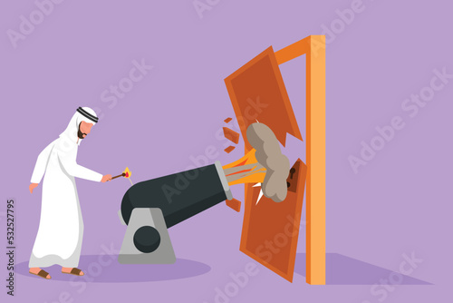 Graphic flat design drawing Arab businessman ignites cannon in front of door, destroying door. Eliminating barrier of entries, destroying obstacles with brute force. Cartoon style vector illustration