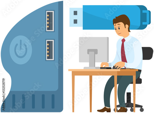 Businessman choosing port to insert cable and USB connection, USB port standard, digital data communications concept, flash drive. Serial interface for connecting peripheral devices to computers