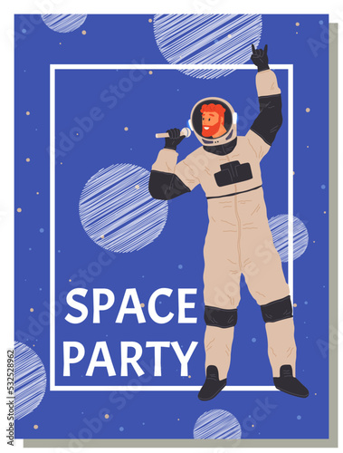 Astronaut travels in intergalactic space. Man on spaceship flies in solar system. Fantastic transport of explorer in space. Spaceman flying among planets and stars. Space party banner concept