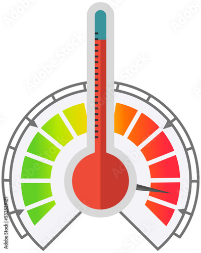 Thermometer with rising temperatures in hot weather. Rising degrees metering, warm summer weather. Circular measuring device with digital and analog color bar. Determination of temperature of air