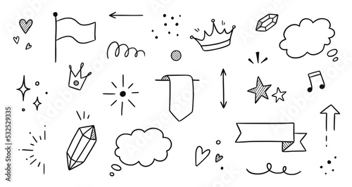 Line frame, sparkle, ribbon hand drawn doodle element set. Party, decoration star, heart element doodle sketch collection. Isolated vector illustration.