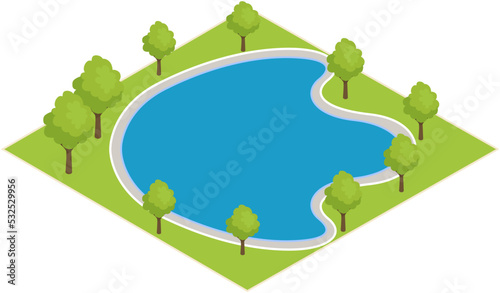 Countryside forest natural landscape. Country rural vacation, rest near pond, outdoor recreation place. Design of landscape layout near lake with plants and trees. Beautiful scenery, view of nature