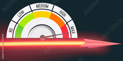 Color scale with arrow from red to green and caliber of speed. Measuring device icon sign tachometer, speedometer, indicators. Colorful infographic gauge element from no to max, energy buildup