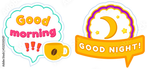 Good night inspirational lettering design for posters, flyers, stickers, banners. Bright sticker with expressive phrase and good night wishes. Moon and stars on patch bage on blue background