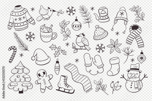 Cute doodle winter objects isolated. Collection of seasonal things like clothing, christmas decoration and winter elements, perfect for creating winter decorative designs.