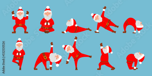 A scene with a fat Santa Claus doing yoga. A healthy Christmas character in different poses. Vector illustration in a flat style, isolated on a white background.