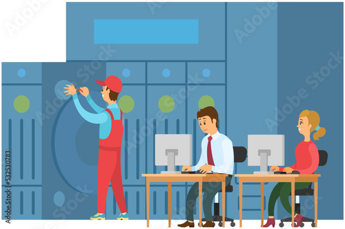 Cloud data storage, remote backup of files, data center and database, people engineers with laptop. Hardware equipment, server, supercomputer room. Technical administrator manage server digital device