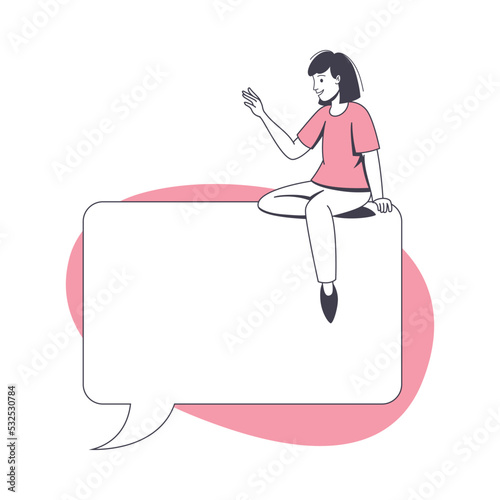 Communication Speech Bubble with Woman Character Sitting on It Vector Illustration