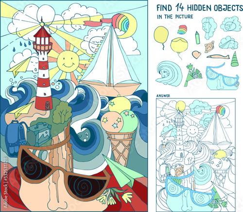 Find  hidden objects. Marine picture. Lighthouse, shore, sea. Find the hidden rainbow, 5 people faces, 2 balloon, heart, pencil, fish, birthday hat, flower bouquet, picture with mountains. Worksheet.