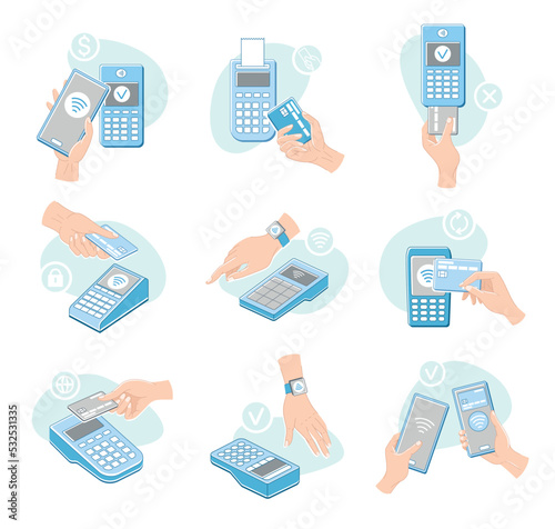 Contactless Payment with Hand Paying with Smartphone, Plastic Card and Wrist Watch Vector Set