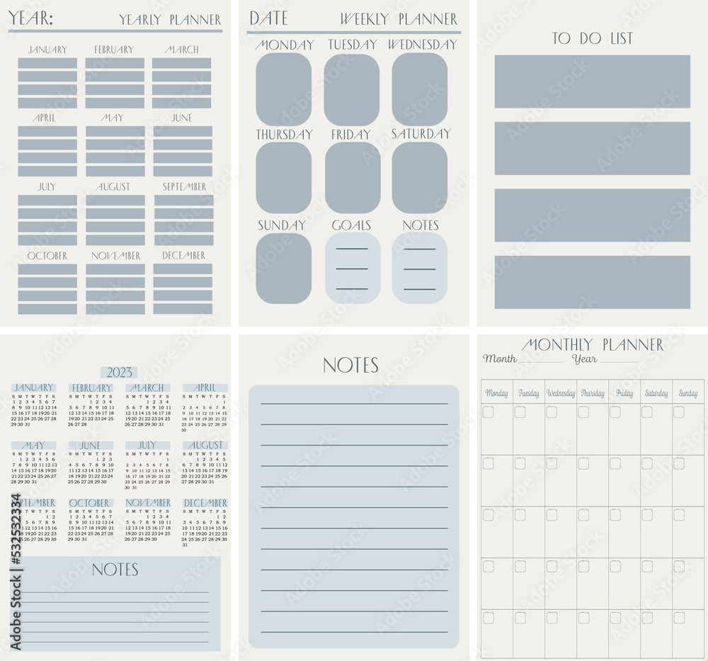 Daily, weekly, monthly planner template. 6 Minimalist Planner Sets