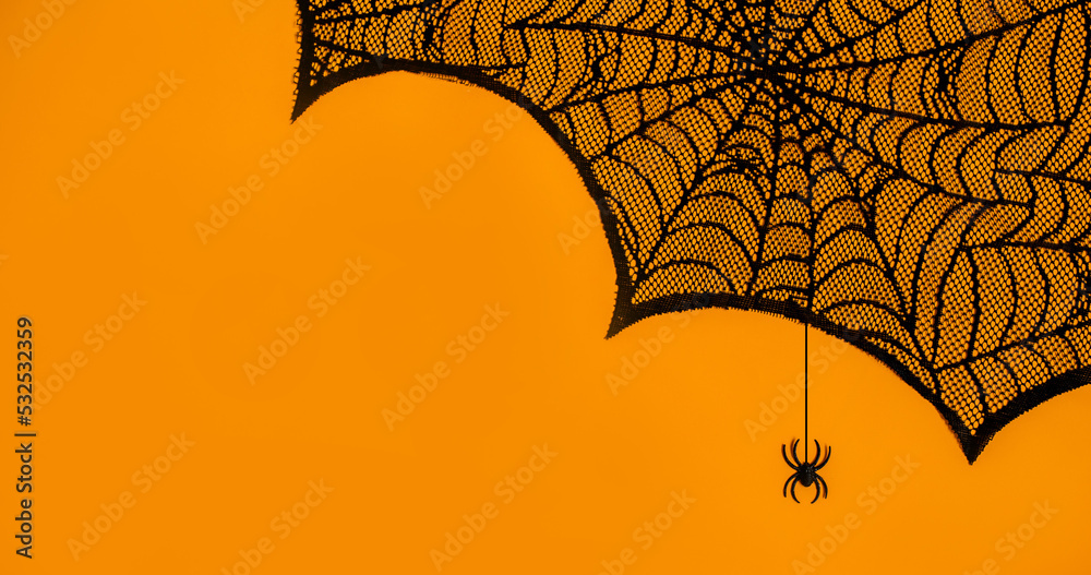 Halloween party background. Spider web on orange with a spider. Halloween party background. Spider web on orange with a spider.