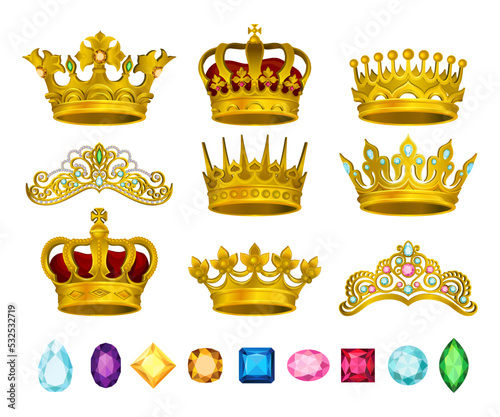 Golden Crown with Incrusted Precious Stone and Gems Big Vector Set