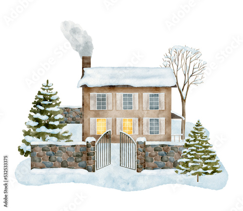 Watercolor winter house illustration. Hand drawn cute cottage with light in windows, chimney smoke, snowdrift, stone fence, snowy fir trees isolated on white background. Christmas countryside scene