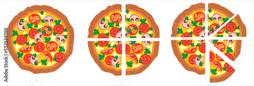Slicing round pizza into portions. Vector drawing.
Pizza with smoked salami sausage, mushrooms champignons, vegetables tomatoes,
cheese, mayonnaise and parsley. A slice of pizza.