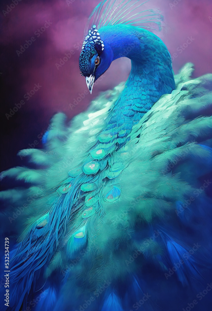 Fototapeta premium Illustration of a beautiful blue and green feathered peacock.Generative AI