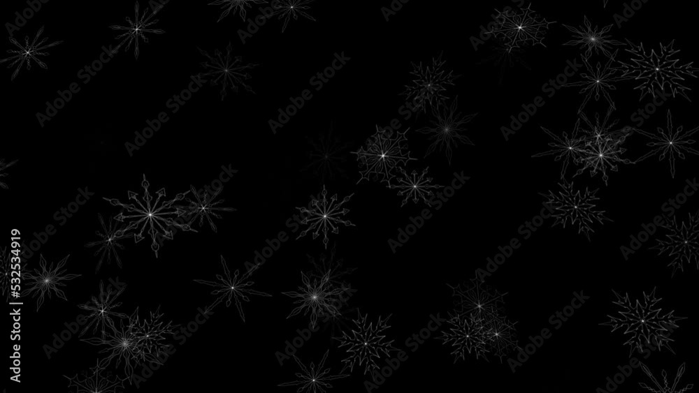 Artistic snowflakes falling animation on clean black looped background. Artistic snowflakes falling animation on clean black looped background.