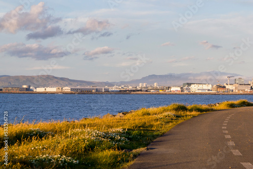 sunset at the ocean coast of reykjavik