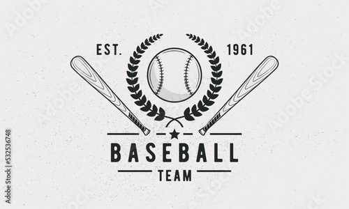 Baseball team, club logo template. Baseball logo. Baseball crossed bats with ball and wheat wreath isolated on white background. Vector emblem