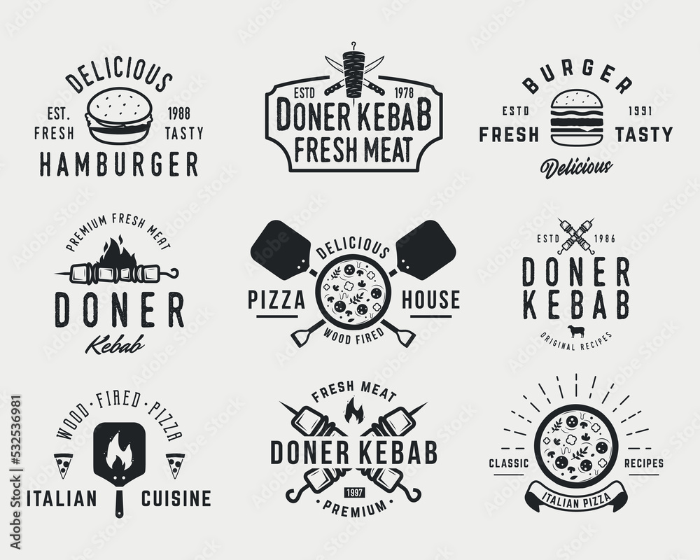 Pizza, Kebab, Hamburger logo set. Set of 9 fast food templates for Bistro, cafe, restaurant logo. Kebab, Burger, Pizza, Hamburger, Shawarma emblems. Vector illustration
