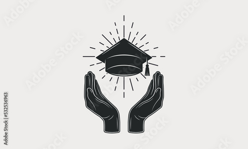 Education logo, poster concept. Hands with graduate hat and sunburst. Banner, poster, logo template for college, university. Vector illustration