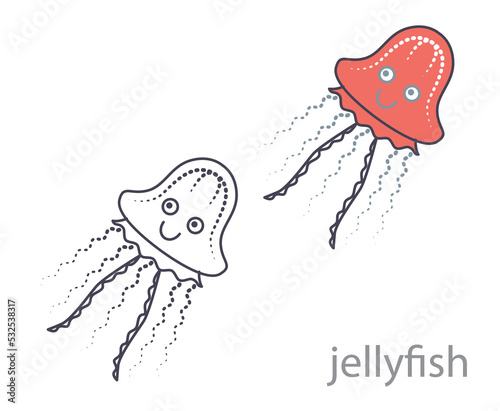 Set of colored pink jellyfish and jellyfish outline for coloring. Underwater world! Cute cartoon jellyfish. Vector illustration. Drawings for banner, card, postcard